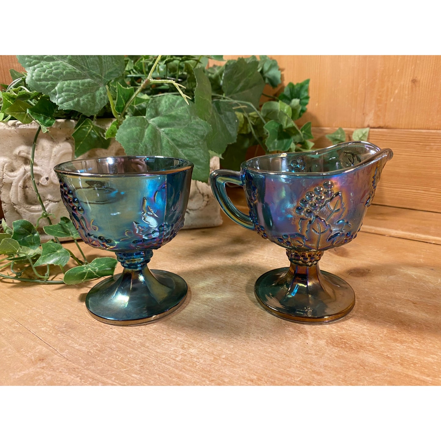 Vintage Harvest Grape Blue Carnival Glass Cream + Sugar Set | Indiana Glass | Shabby Chic | Iridescent Glass Cream Pitcher and Sugar Bowl