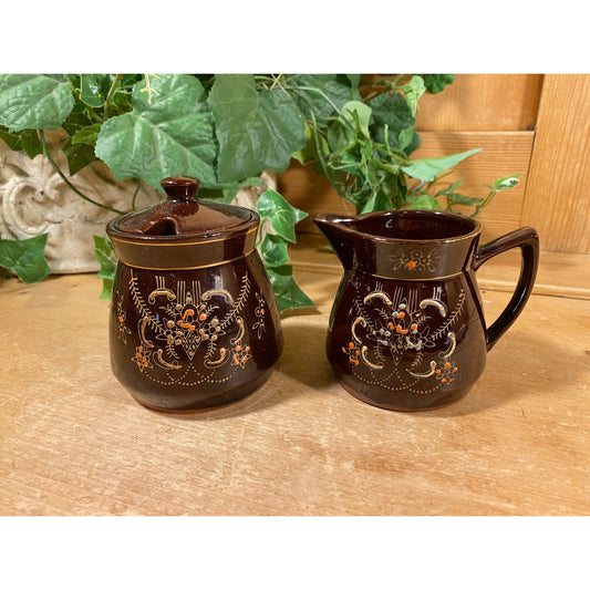 Vintage Redware Ceramic Sugar Bowl and Creamer - Set of 2 | Hand-Painted Moriage Painting | Boho Kitchen Table Decor | Sugar Bowl + Creamer