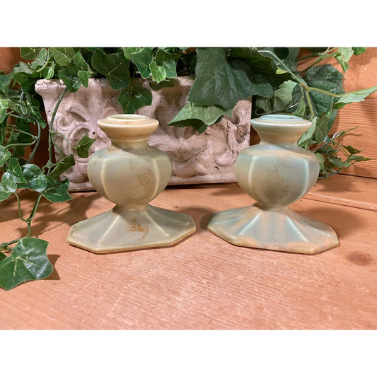 Vintage Green Pottery Candle Holders - Set of 2 | Cowan Pottery | Cottagecore Table Decor | Light Green Pottery Candleholders | Farmhouse