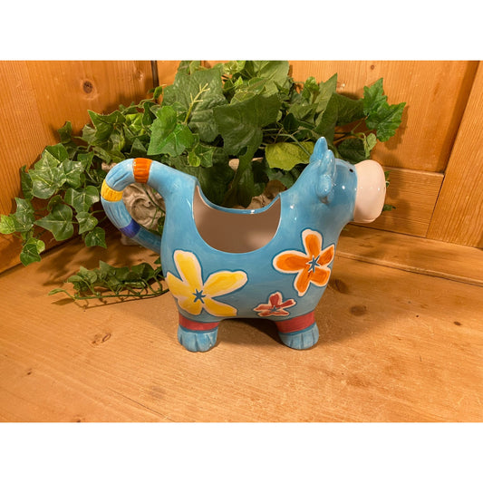 Vintage Whimsical Blue Floral Ceramic Cow Pitcher | Formalities | Reggae Flowers Collection | Blue Cow with Bright Flowers | Farmhouse Decor