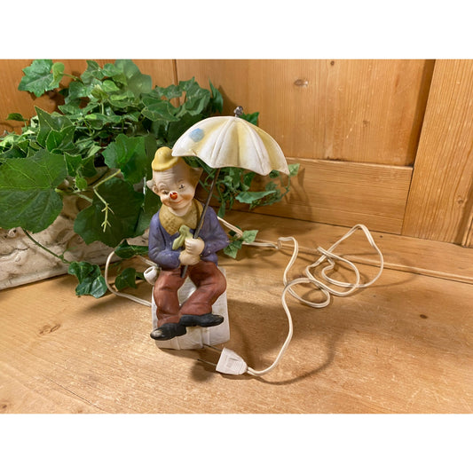 Vintage Ceramic Clown Lamp | Happy Hobo Clown Figurine With Umbrella | Midcentury Modern Shelf Decor | Clowns | Classic Clown Collectible