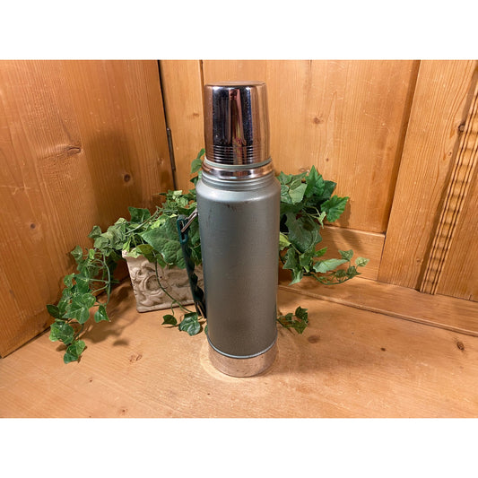 Vintage Stanley Aladdin Thermos | Industrial Green Thermos Bottle with Metal Cup | Pour-Through Plastic Stopper | Midcentury Modern Decor