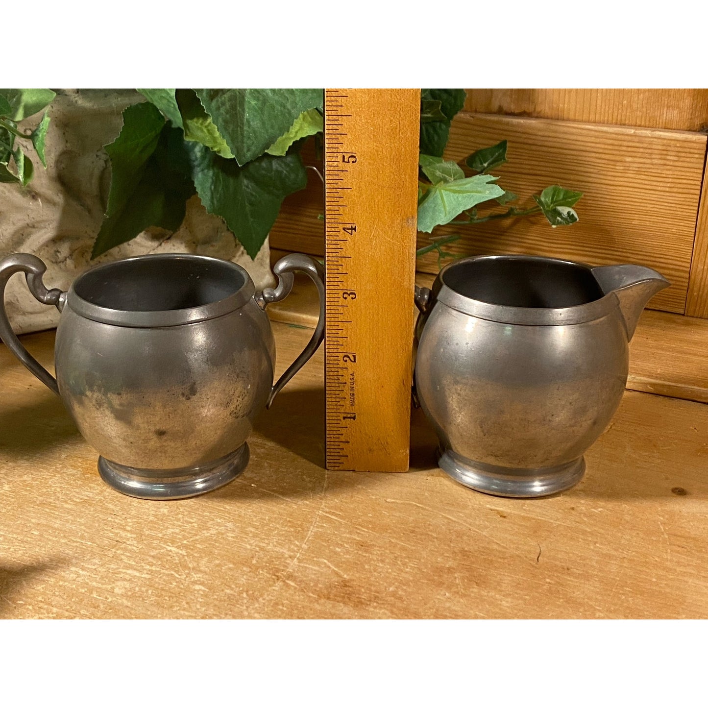 Vintage Pilgrim Pewter Sugar Bowl and Creamer - Set of 2 | Academia | Metal Sugar Bowl + Cream Pitcher | Cream and Sugar Set | Victorian