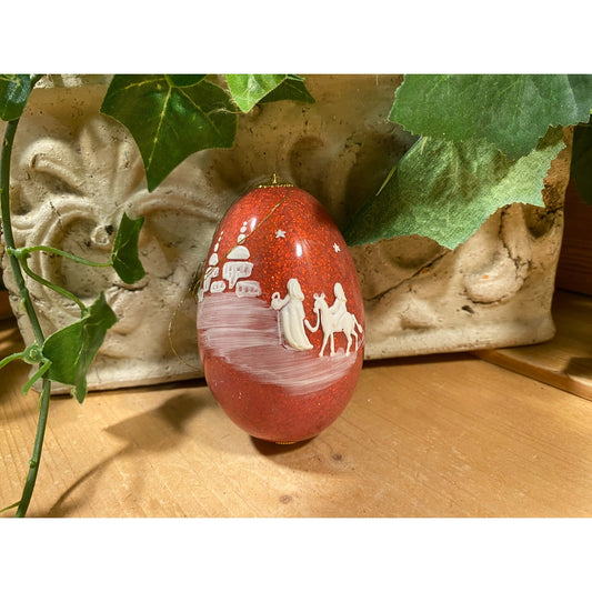 Vintage Handpainted Real Eggshell Ornament | Mary and Joseph Riding to Bethlehem | Red Christmas Egg | Nativity Painted Chicken Egg