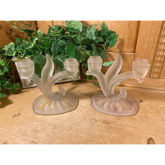 Vintage Satin Glass Double Light Candlesticks - Set of 2 | Indiana Glass | Willow Oleander | Frosted Glass Candle Holders | Shabby Chic