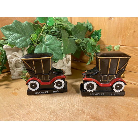 Vintage Ceramic 1913 Chevrolet Car Pen/Pencil Holder - Set of 2 | Amico | Academia Desk Decor | Black Classic Car Bookends with Pen Holders