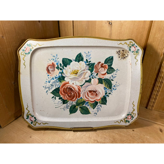 Vintage Pink Roses Tin Serving Tray | Rectangular Metal Serving Tray with Pink and White Roses  | Shabby Chic Room Decor | Floral Tin Tray