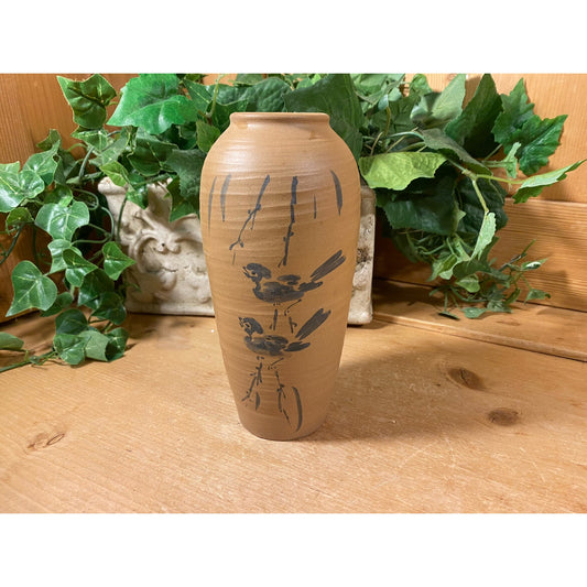 Vintage Japanese Pottery Vase with Handpainted Birds On A Branch | Asian Art | Tan Pottery Vase with Blue Birds | Academia Table Decor