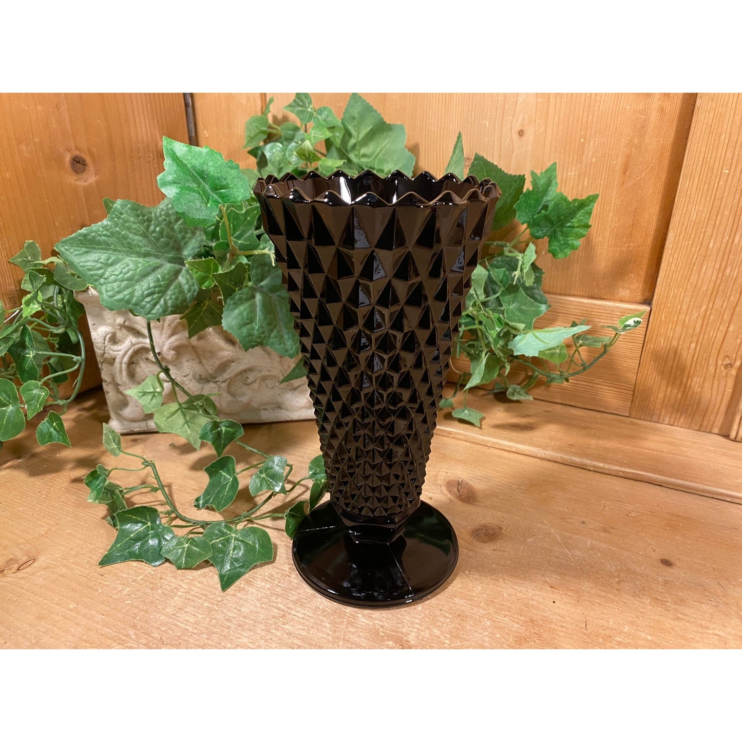 Vintage Black Amethyst Tiara Glass Flower Vase |  Indiana Glass | Diamond Point Black Glass Vase | Midcentury Modern Table Decor | Academia