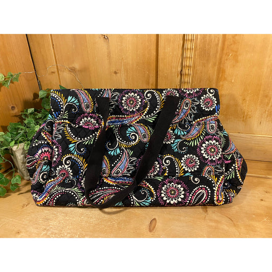 Vintage Vera Bradley Black Paisley Travel Tote | Bandana Swirl | 2009 | Retired Black Floral Tote Bag with Two Straps | Traveler Tote Bag