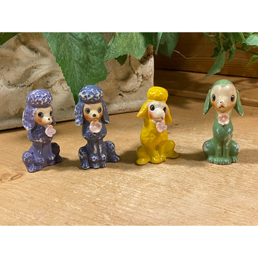 Vintage Colorful Painted Porcelain Dog Figurines - Set of 4 | Made In Japan | Blue, Yellow, Green Mini Dogs | Poodle | Cottagecore Decor