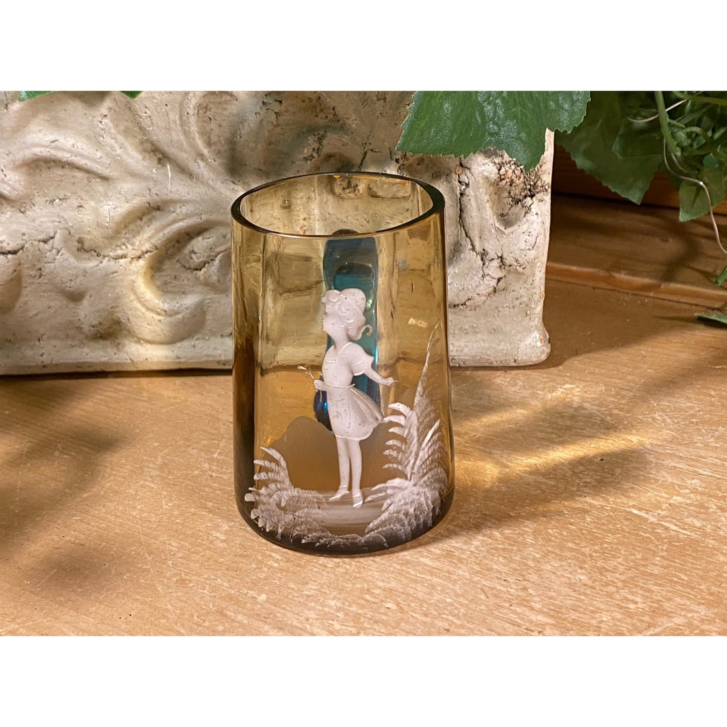 Vintage Handblown Glass Silhouette Cup | Mary Gregory | Brown Glass with Blue Ring Handle  | Art Glass with Girl In A Field  | Shabby Chic