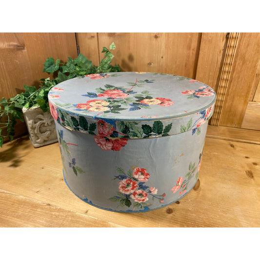 Vintage Round Floral Hat Box | Blue Hatbox with Pink Cottage Roses | Shabby Chic Room Decor | Pink Floral Hat Box | Round Storage Box