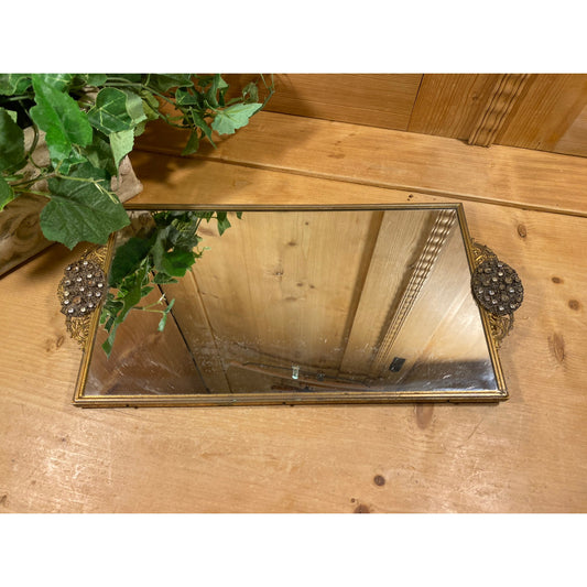 Vintage Ornate Mirrored Dresser Tray | Rectangular Metal Vanity Tray with Mirrored Glass and Clear Jewel Trim | Shabby Chic Table Decor
