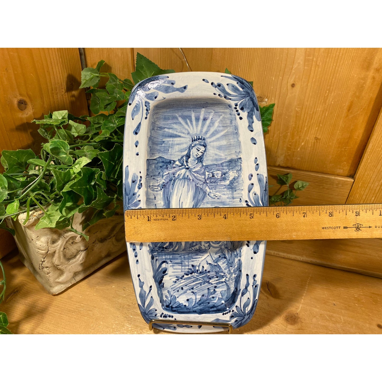Vintage Italian Blue/White Majolica Wall Niche Tile with Virgin Mary | Stella | Hand-painted Recessed Tile | White/Blue Ceramic Art Piece