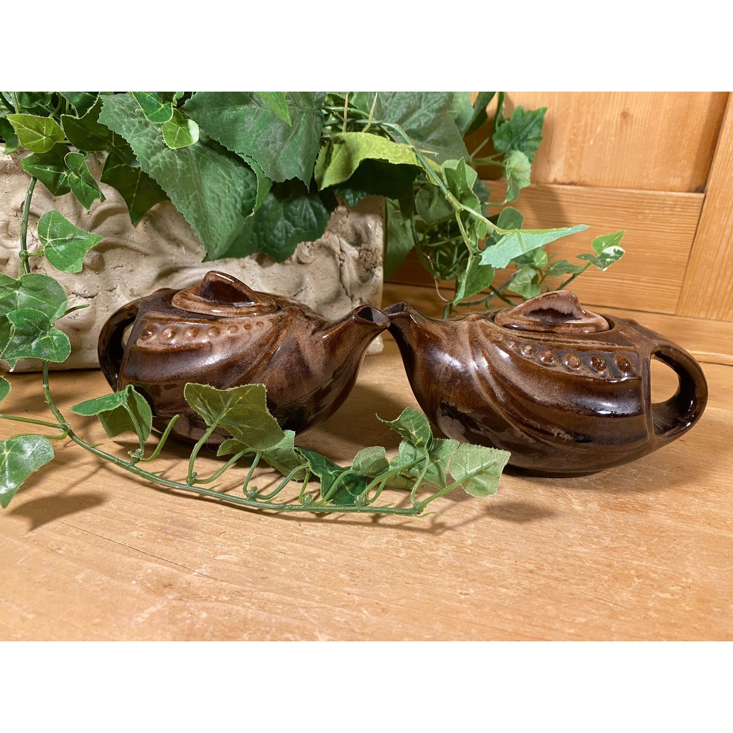 Vintage Brown Drip Ceramic Teapots - Set of 2 | Aladdin / Genie Teapot | Pair of Brown Pottery Teapots | Boho Kitchen Decor | Bohemian Decor