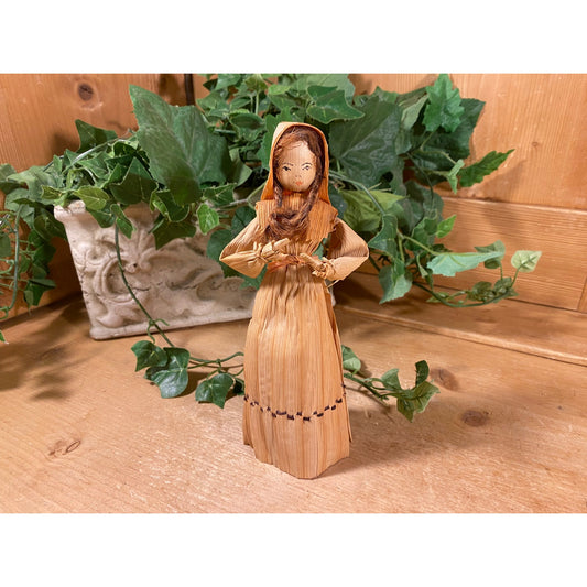 Vintage Cornhusk Doll with Brown Braids  | Primitive Cornhusk Doll In Rustic Dress and Bonnet | Farmhouse Shelf Decor | Primitive Doll
