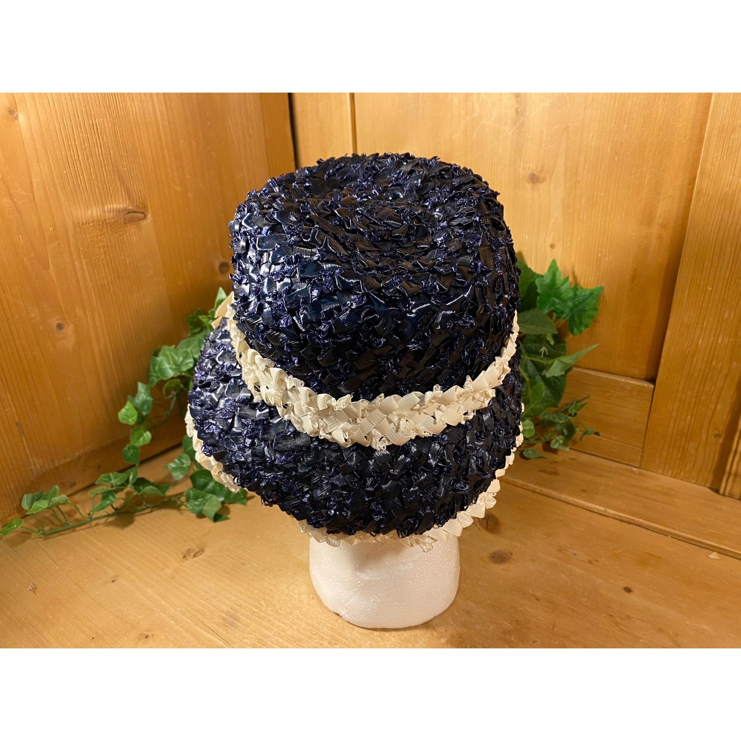 Vintage Blue Cello Straw Hat with Ivory Trim | Rikes Duby | Midcentury Modern | Navy Blue Cello Straw Hat | Costume | MCM | Womens Fashion