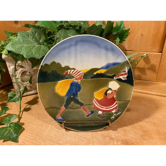 Vintage Storybook Art Ceramic Plate | Otto | Hungarian Art | Cottagecore Wall Decor | Folk Art Decor | Euro Children Hiking In Mountains