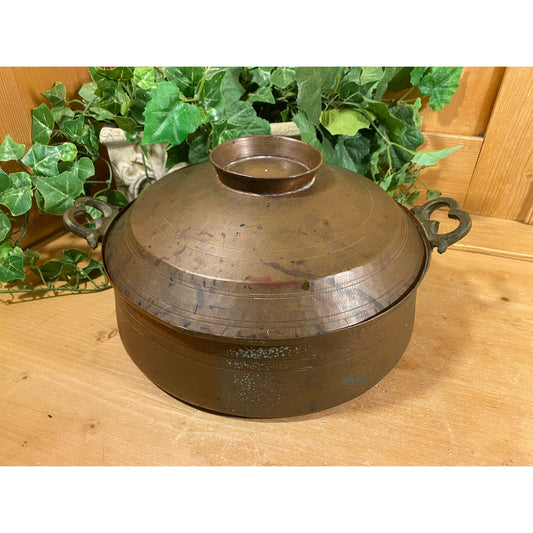Vintage Round Copper Pot with Handles and Lid | English Country Table Decor | Rustic Farmhouse Shelf Decor | Copper Pot with Cover