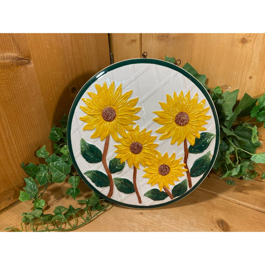 Vintage Ceramic Sunflower Plaque | Yellow, White, Green | Sunflowers | K | Round Ceramic Sunflower Wall Hanging | Summer Flowers Wall Decor