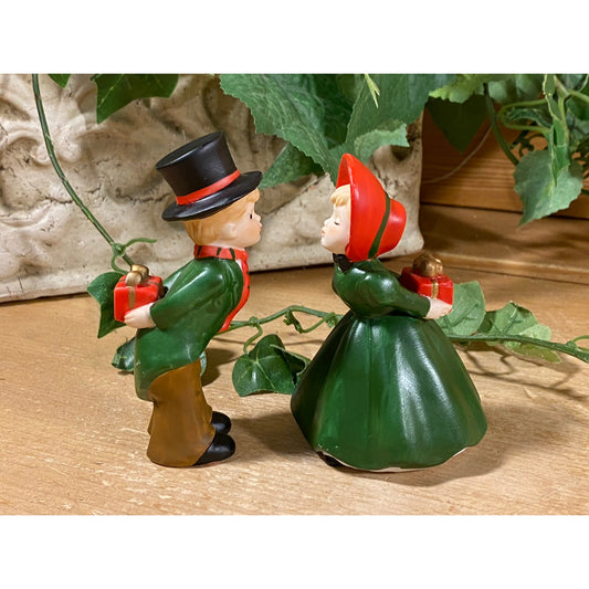 Vintage Victorian Kissing Couple with Christmas Gifts | Enesco | 1979 and 1991 | Holiday Table Decor | Red + Green | Christmas Girl and Boy