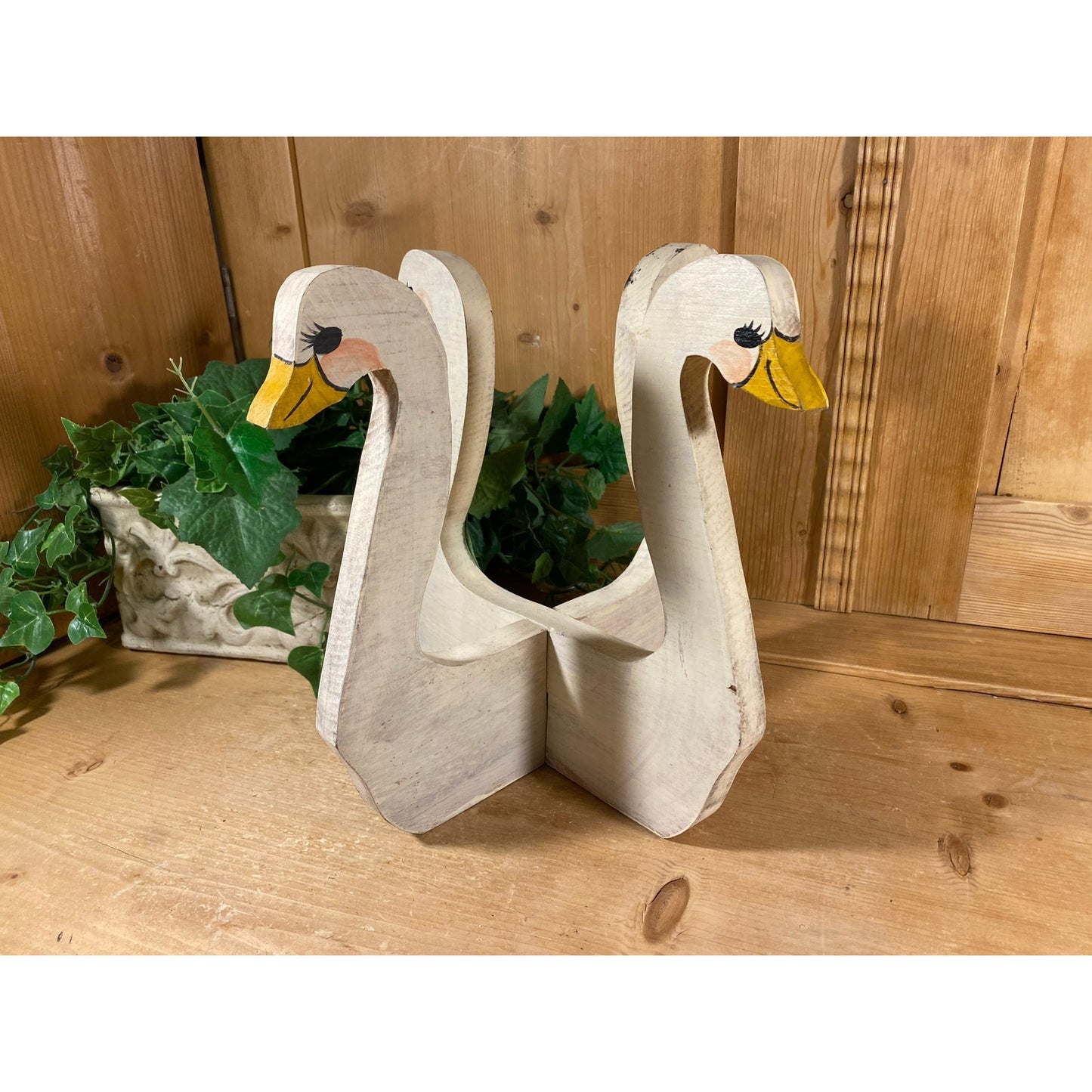 Vintage Handcrafted Wooden Swan Plant Stand | Swans | Painted Handmade Swan Plant Stand | Shabby Chic Table Decor | Swan Decor | Spring