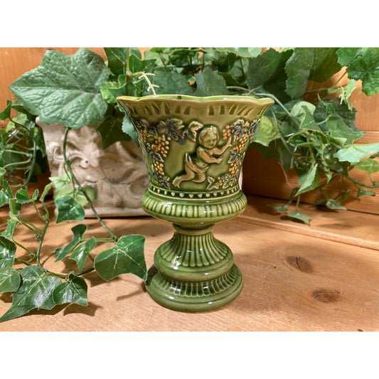 Vintage Green Ceramic Pedestal Planter with Cherubs | Lefton | Green Cherubs Planter  | 1970sTable Decor | Angels | Midcentury Modern Decor