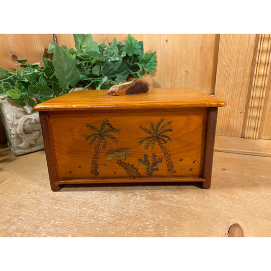 Vintage Hand-Painted Wooden Jewelry Box with Lid | Palm Trees and Cactus | Crystal City, TX | Inscription - 1944 | Midcentury Keepsake Box