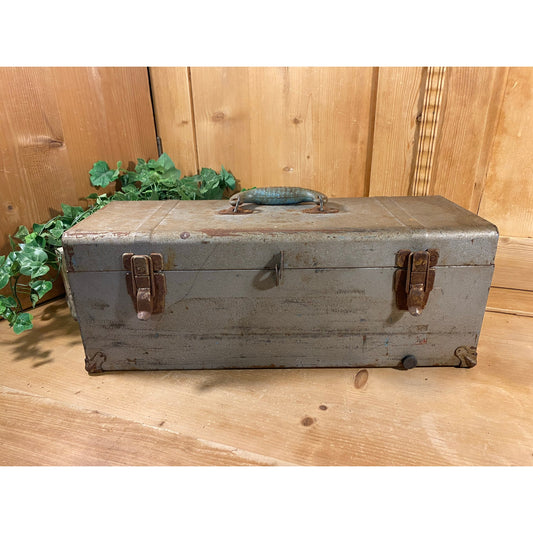 Vintage Gray Metal Tool Box with Blue Interior and Lift Out Tray | Workshop/Workbench Organization | Hand Tools Storage | Industrial Decor