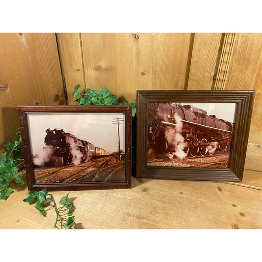 Vintage Framed Locomotive Train Photos - Set of 2 | Train Photographs in Wooden Frames | Midcentury Modern Wall Decor | Vintage Photography
