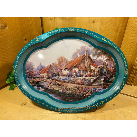 Vintage Tin Oval Serving Tray with Village Landscape Art Print | Carl Valente | Selworthy, England | English Countryside Decor | Cottagecore