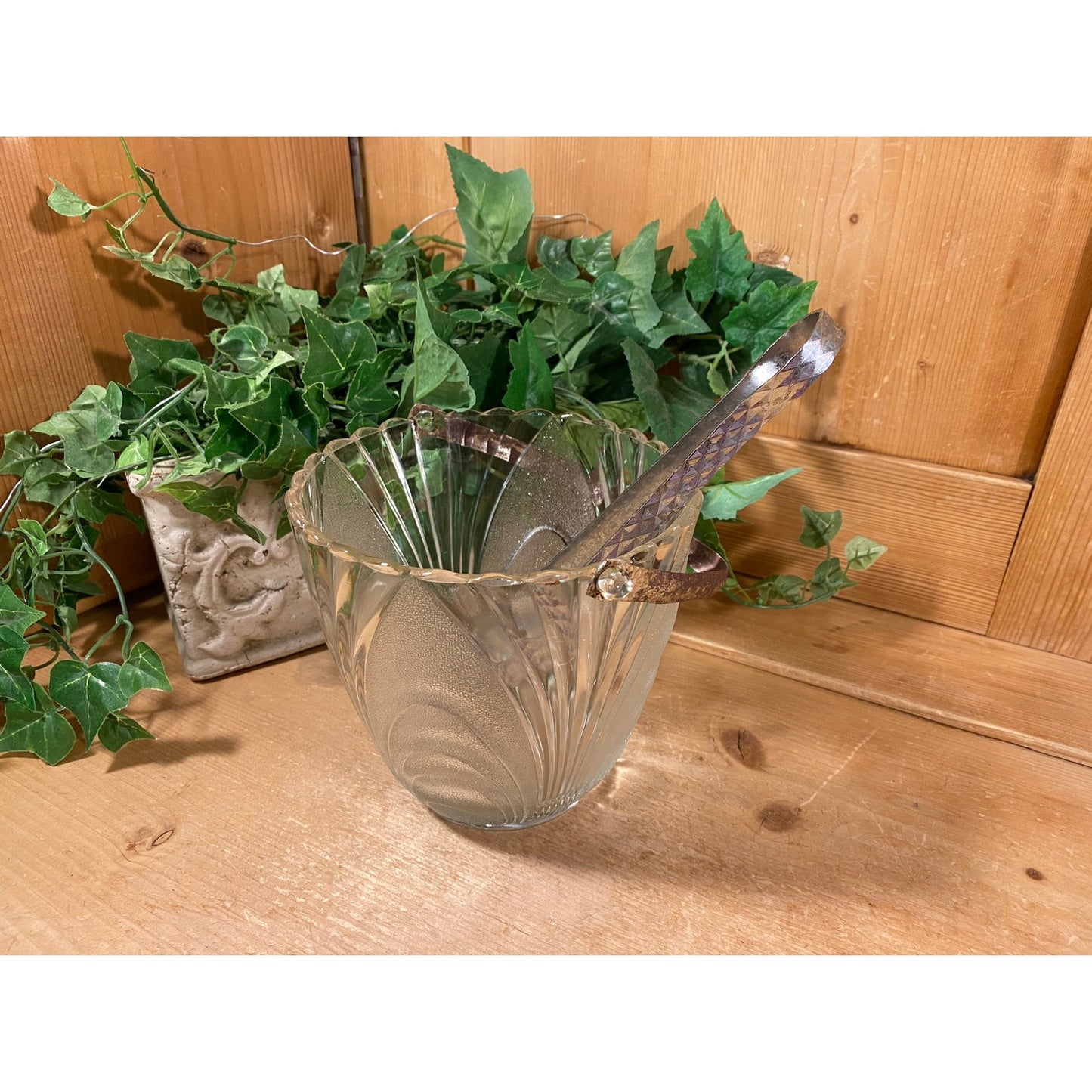 Vintage Frosted Glass Ice Bucket with Metal Handle + Tongs | Wine Chiller | MCM | Champagne | Art Deco Bucket | Midcentury Modern Barware