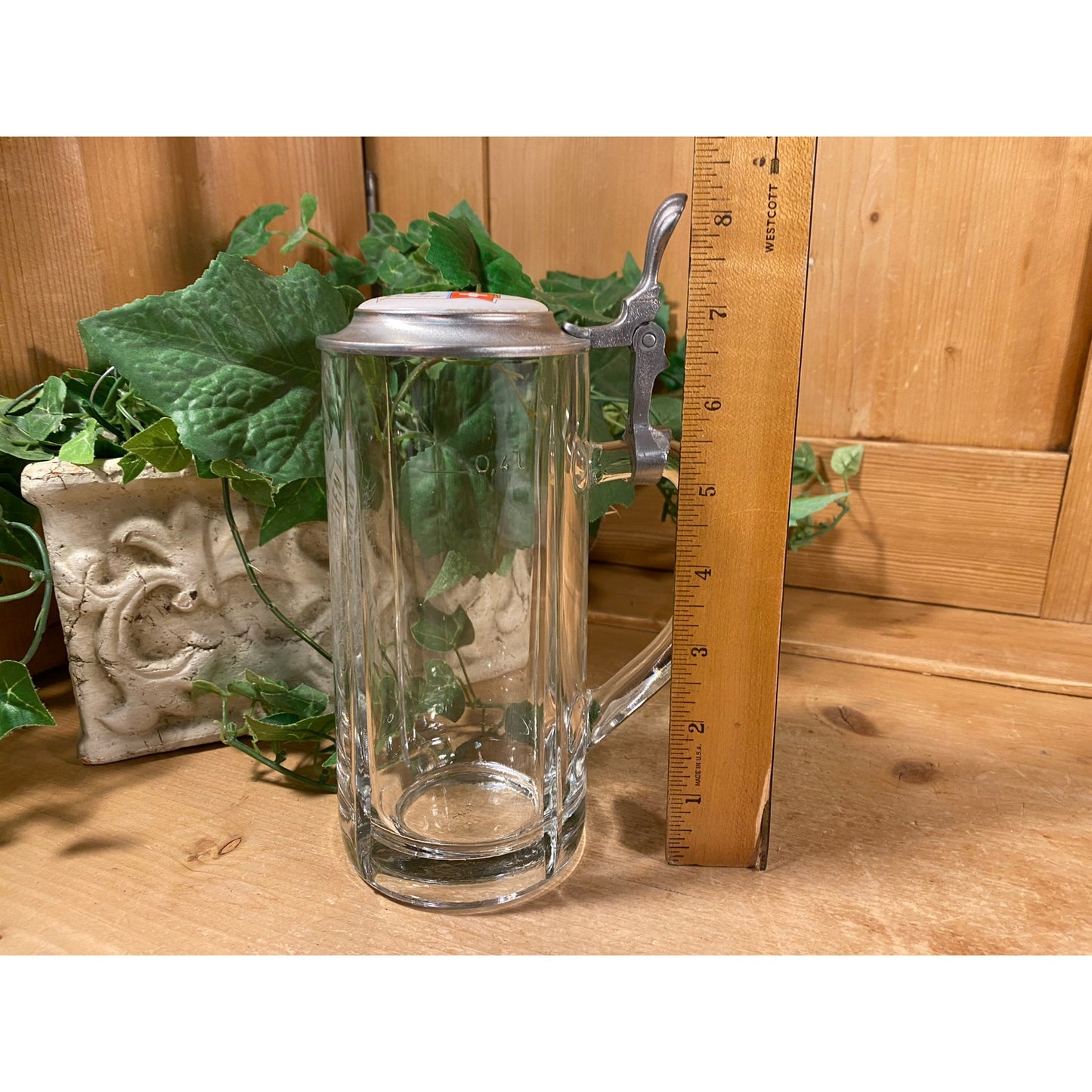 Vintage Feldschlosschen Glass Beer Stein | Swiss Brewery | Glass Beer Mug with Pewter Lid and Handle | Academia | Traditional German Stein