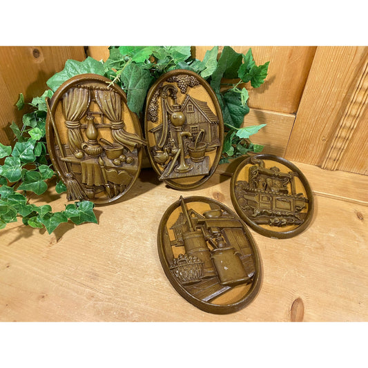 Vintage Oval Metal Wall Plaques with Felt Backing - Set of 4 | Sexton | Cottagecore Wall Decor | 1970s Wall Decor | Primitive Wall Decor