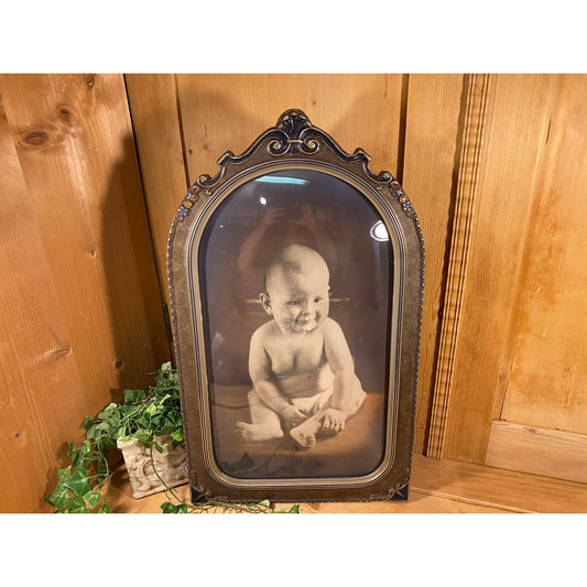 Antique Baby Portrait In An Ornate Frame with Convex Glass | Vintage Black/White Baby Photo | Victorian Wall Decor | Fancy Dome Glass Frame