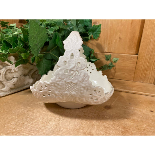 Vintage White Porcelain Lace Basket | White Ceramic Lace Trinket Bowl | Midcentury Modern Table Decor | Cottagecore | White Lace Candy Dish