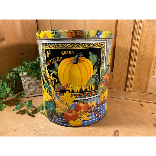 Vintage Pumpkin and Sunflowers Tin Canister | Houston Foods Co. | Large Round Decorative Tin | Farmhouse Shelf Decor | Butterfly Brand Tin
