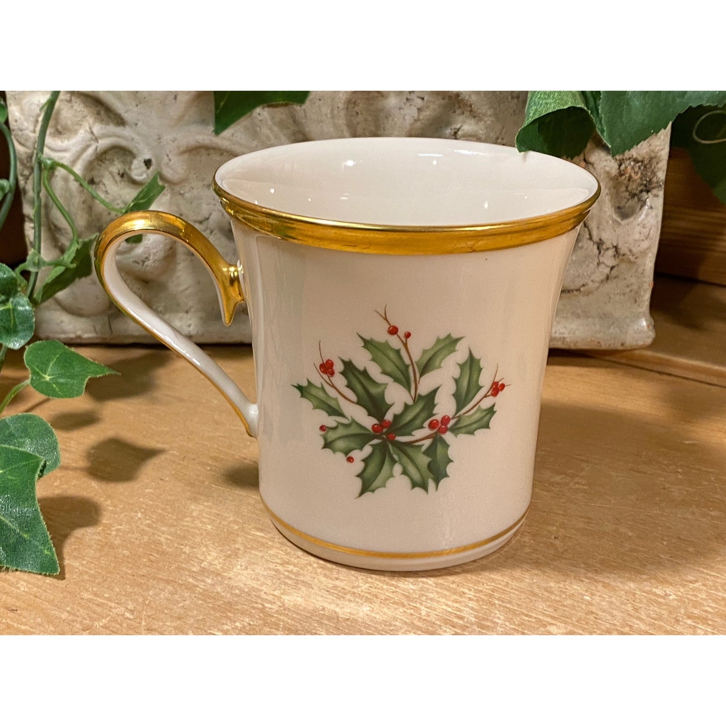 Vintage Lennox White China Coffee Cup | Holly Leaves + Berries, Gold Trim | Christmas | Holiday Dimension Collection | Tea Cup | Coffee Mug