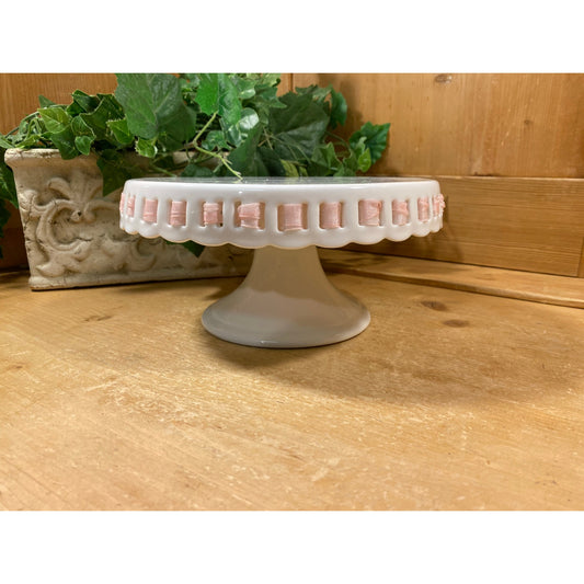 Vintage White Porcelain Pedestal Cake Stand with Pink Ribbon Trim | Coastline Imports | Shabby Chic Pedestal Cake Plate | Dessert Stand