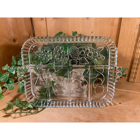 Vintage Divided Glass Serving Tray | Glass Dish with Embossed Fruit | Relish Tray with Four Sections | Appetizer or Fruit Tray | Cottagecore
