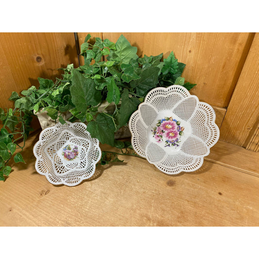 Vintage White Porcelain Lace Bowls with Flowers - Set of 2 | ARGSIM | Floral Doily Bowl Set | Shabby Chic Kitchen Decor | Pink and White