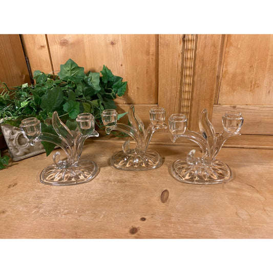Vintage Glass Double Light Candlesticks - Set of 3 | Indiana Glass | Willow Oleander | Clear Glass Candle Holders | Shabby Chic Table Decor