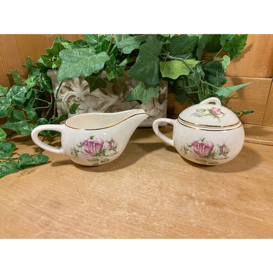Vintage Floral China Sugar Bowl and Creamer - Set of 2 | Paden City | Pink Roses | Shabby Chic | Sugar Bowl + Cream Pitcher | Cottagecore