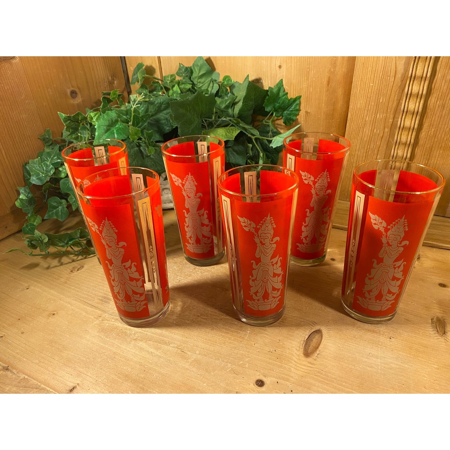 Vintage Red Thai Princess Glasses - Set of 6 | Culver | Midcentury Modern Drinking Glasses (A) | Thai Goddess | Academia | Hollywood Regency
