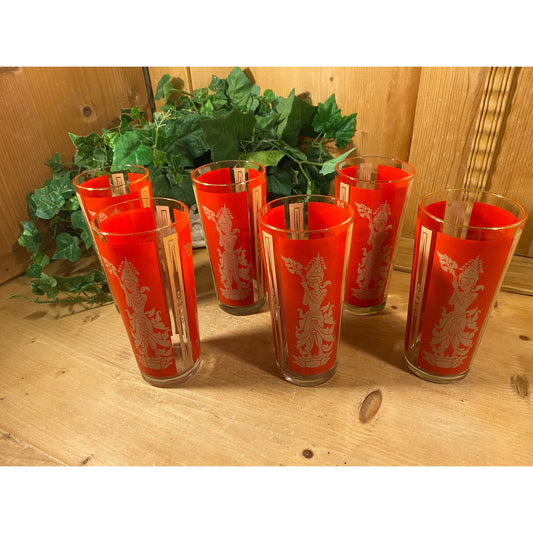 Vintage Red Thai Princess Glasses - Set of 6 | Culver | Midcentury Modern Drinking Glasses (A) | Thai Goddess | Academia | Hollywood Regency