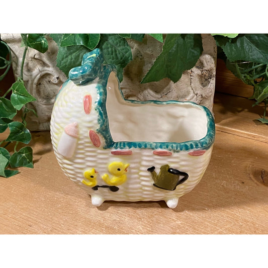 Vintage Baby Bassinet Ceramic Planter | Pink, White, Blue | Vintage Nursery Shelf Decor | Cottagecore Table Decor | Newborn Baby Gift