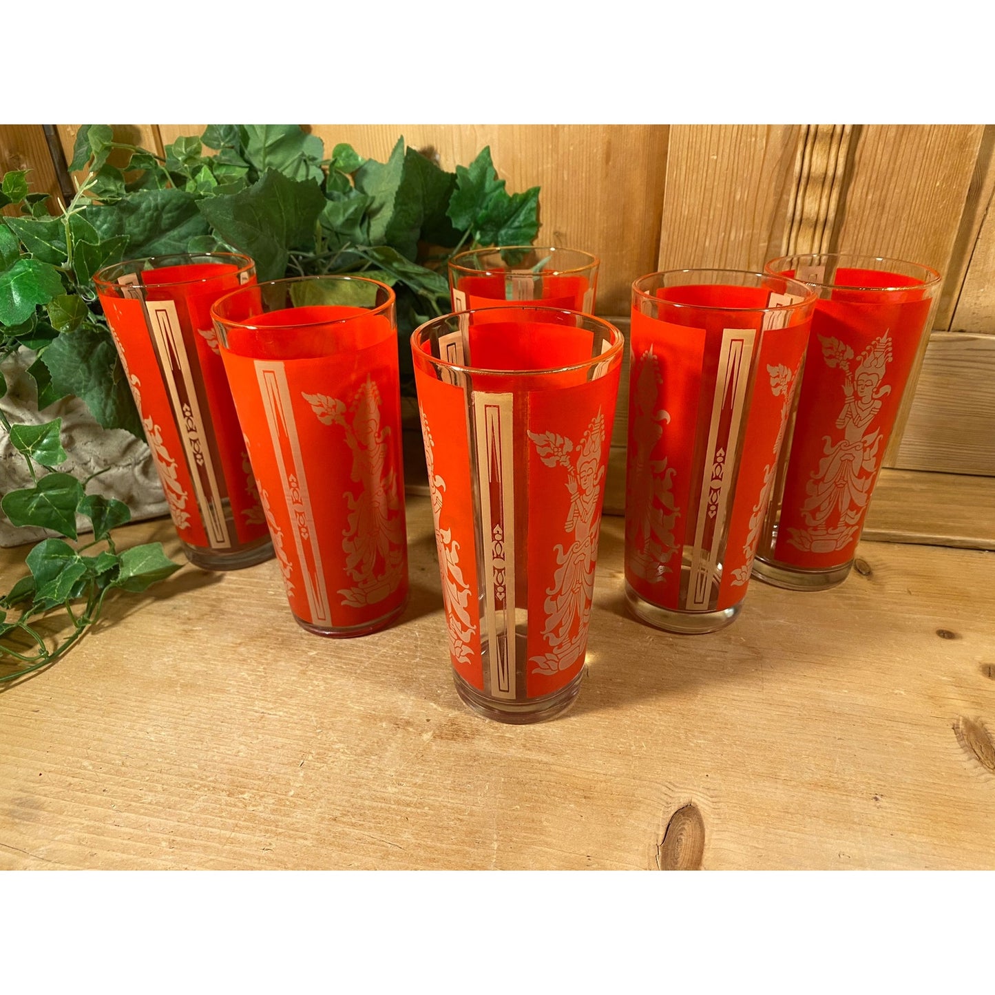 Vintage Red Thai Princess Glasses - Set of 6 | Culver | Midcentury Modern Drinking Glasses (B) | Thai Goddess | Academia | Goddess Glasses