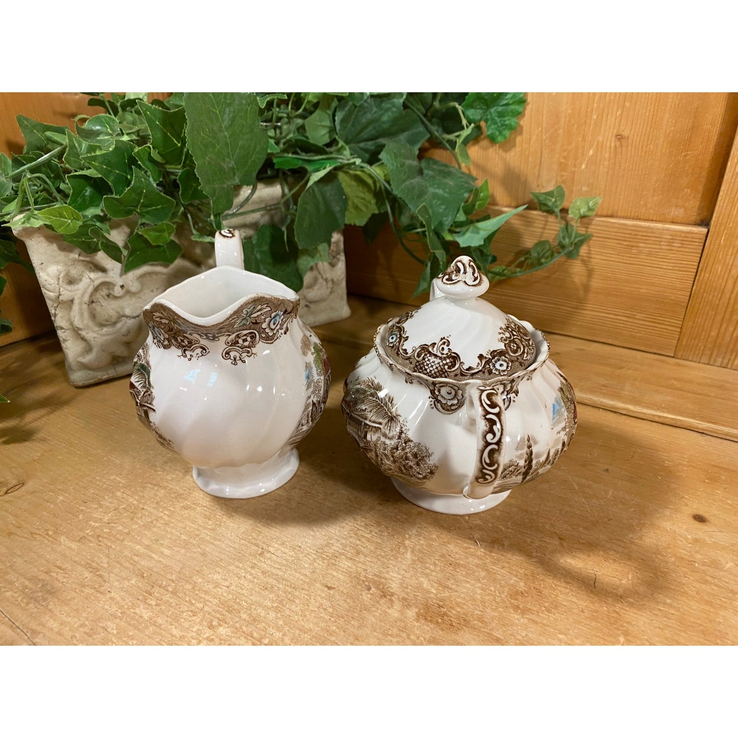 Vintage Brown Transferware Cream and Sugar Set  | Johnson Brothers | Heritage Hall | Made In England | Farmhouse | Cream Pitcher, Sugar Bowl