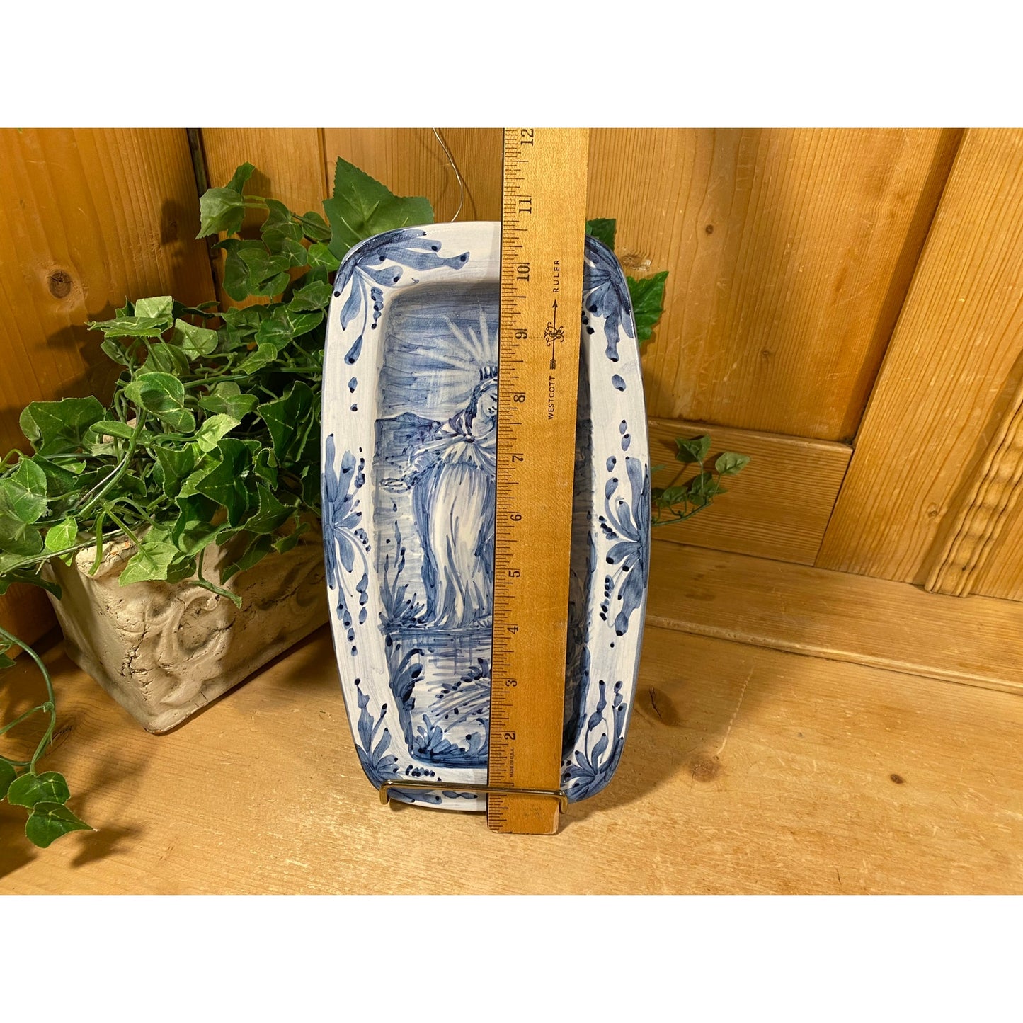 Vintage Italian Blue/White Majolica Wall Niche Tile with Virgin Mary | Stella | Hand-painted Recessed Tile | White/Blue Ceramic Art Piece